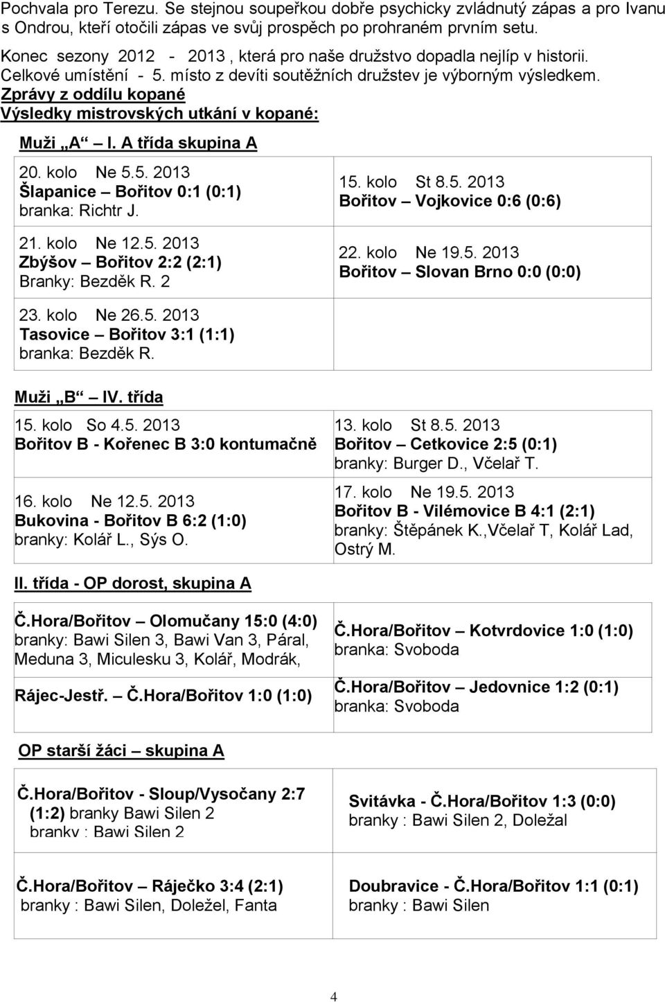 Zprávy z oddílu kopané Výsledky mistrovských utkání v kopané: Muži A I. A třída skupina A 20. kolo Ne 5.5. 2013 Šlapanice Bořitov 0:1 (0:1) branka: Richtr J. 15. kolo St 8.5. 2013 Bořitov Vojkovice 0:6 (0:6) 21.