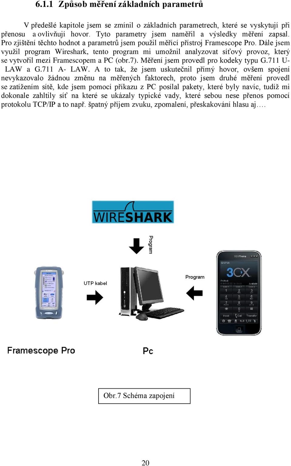 Dále jsem využil program Wireshark, tento program mi umožnil analyzovat síťový provoz, který se vytvořil mezi Framescopem a PC (obr.7). Měření jsem provedl pro kodeky typu G.711 U- LAW a G.711 A- LAW.