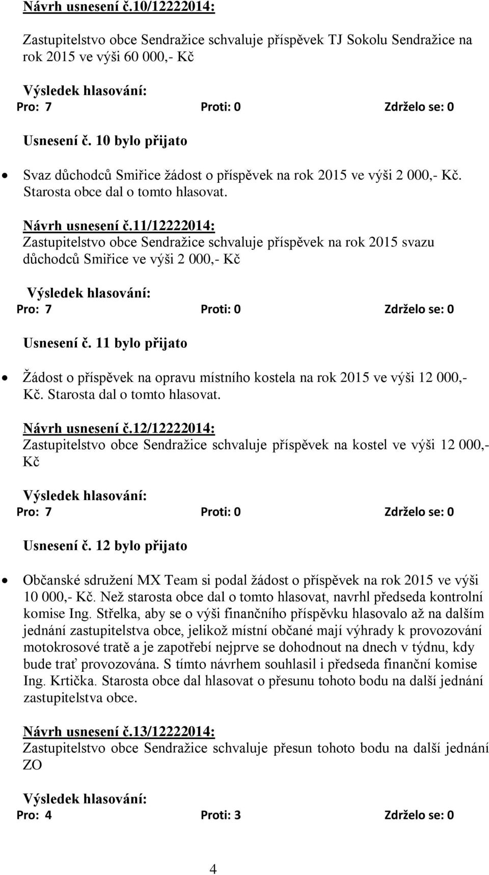 11/12222014: Zastupitelstvo obce Sendražice schvaluje příspěvek na rok 2015 svazu důchodců Smiřice ve výši 2 000,- Kč Usnesení č.