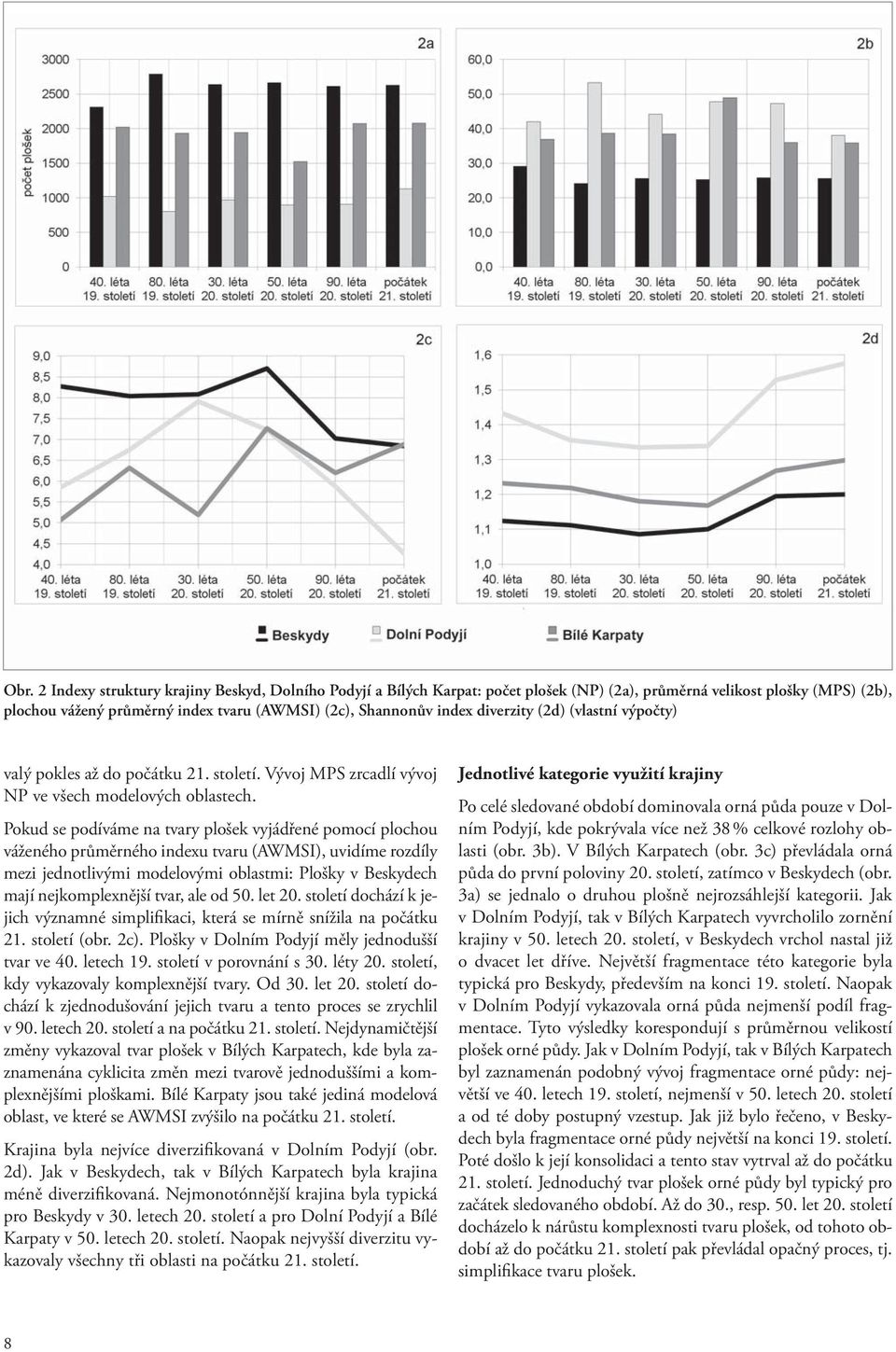 Pokud se podíváme na tvary plošek vyjádřené pomocí plochou váženého průměrného indexu tvaru (AWMSI), uvidíme rozdíly mezi jednotlivými modelovými oblastmi: Plošky v Beskydech mají nejkomplexnější