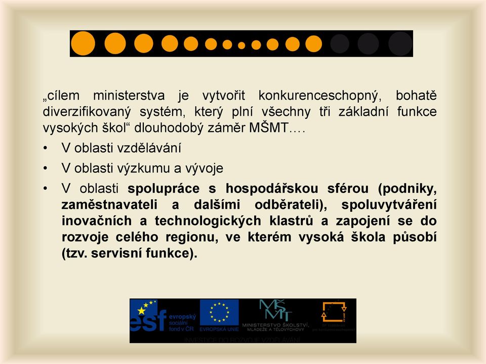 V oblasti vzdělávání V oblasti výzkumu a vývoje V oblasti spolupráce s hospodářskou sférou (podniky,