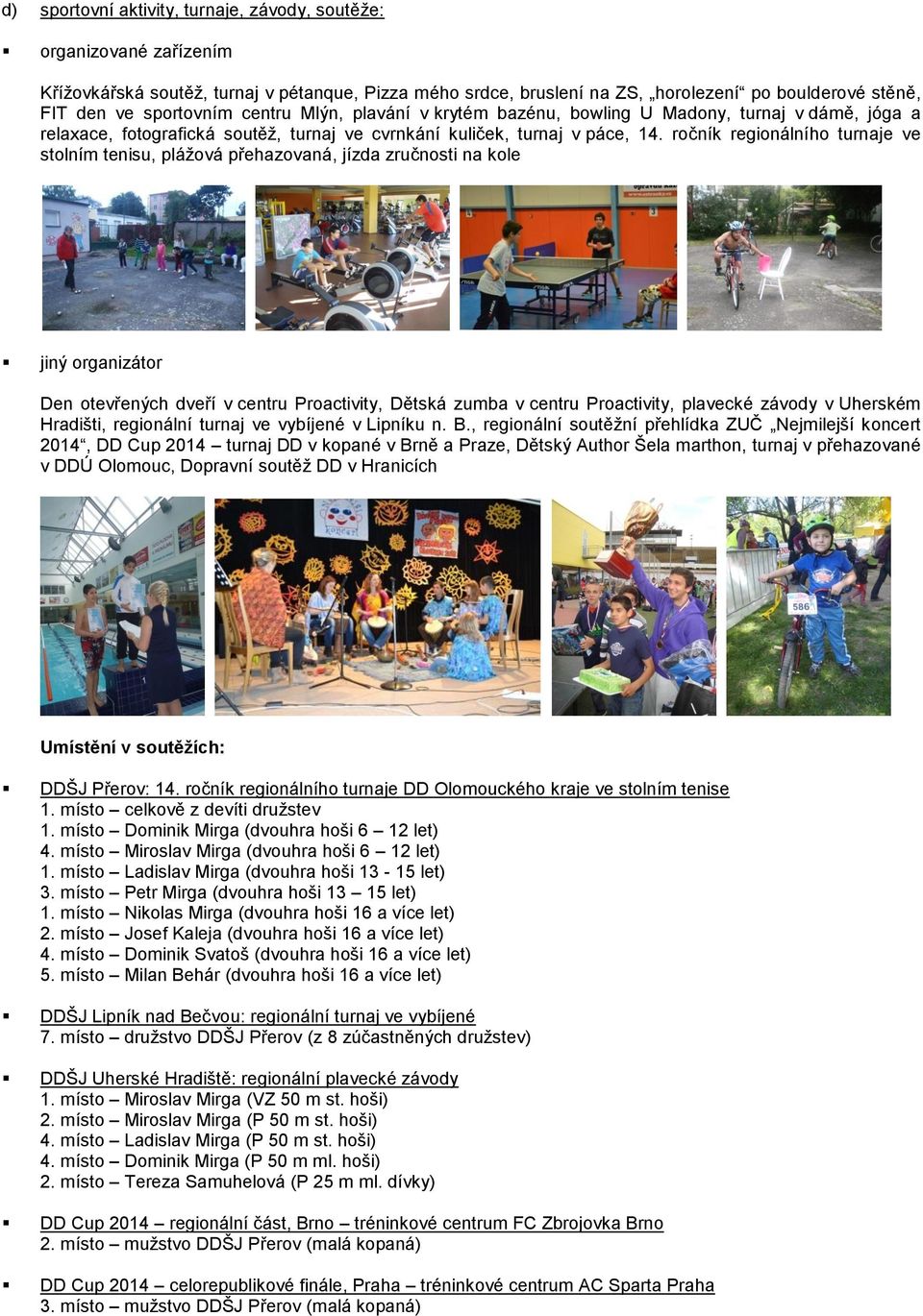 ročník regionálního turnaje ve stolním tenisu, plážová přehazovaná, jízda zručnosti na kole jiný organizátor Den otevřených dveří v centru Proactivity, Dětská zumba v centru Proactivity, plavecké