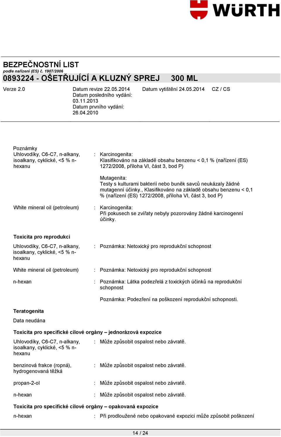 , Klasifikováno na základě obsahu benzenu < 0,1 % (nařízení (ES) 1272/2008, příloha VI, část 3, bod P) : Karcinogenita: Při pokusech se zvířaty nebyly pozorovány ţádné karcinogenní účinky.
