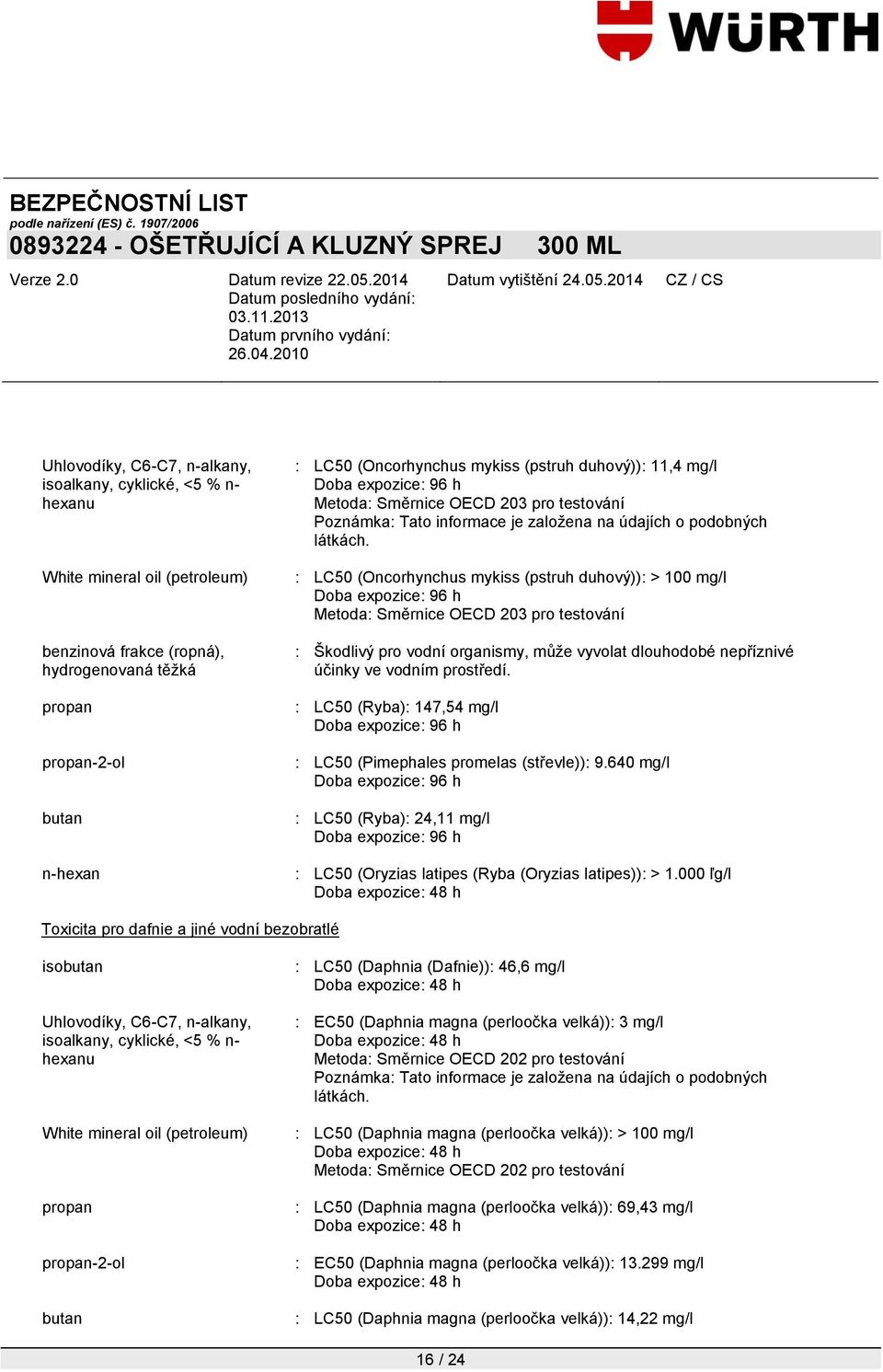 : LC50 (Oncorhynchus mykiss (pstruh duhový)): > 100 mg/l Doba expozice: 96 h Metoda: Směrnice OECD 203 pro testování : Škodlivý pro vodní organismy, můţe vyvolat dlouhodobé nepříznivé účinky ve