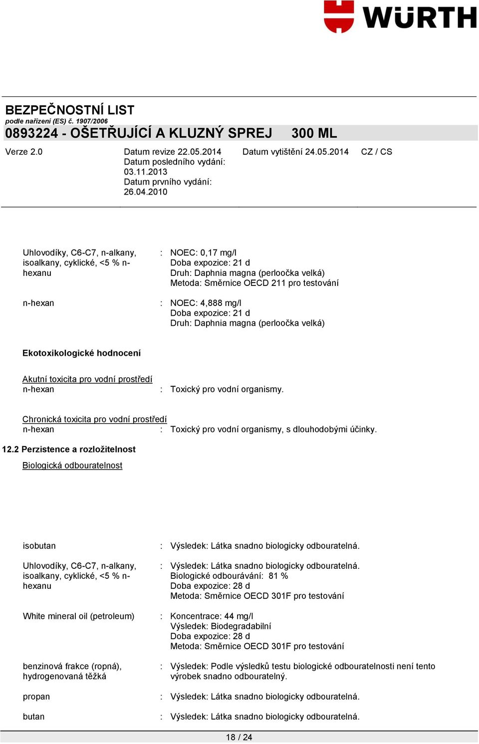 2 Perzistence a rozloţitelnost Biologická odbouratelnost isobutan benzinová frakce (ropná), hydrogenovaná těţká propan butan : Výsledek: Látka snadno biologicky odbouratelná.