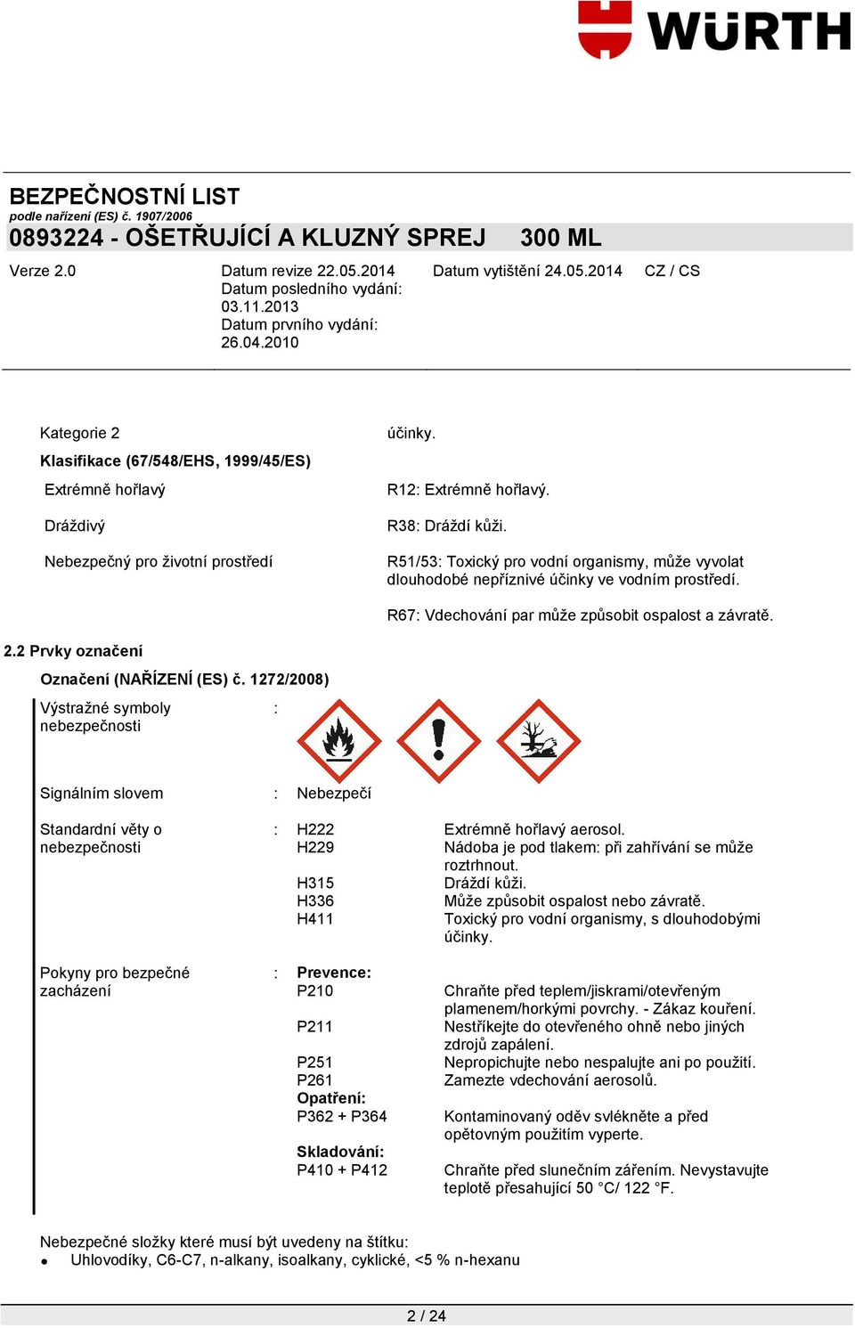 1272/2008) Výstraţné symboly nebezpečnosti : Signálním slovem : Nebezpečí Standardní věty o nebezpečnosti : H222 Extrémně hořlavý aerosol. H229 Nádoba je pod tlakem: při zahřívání se můţe roztrhnout.