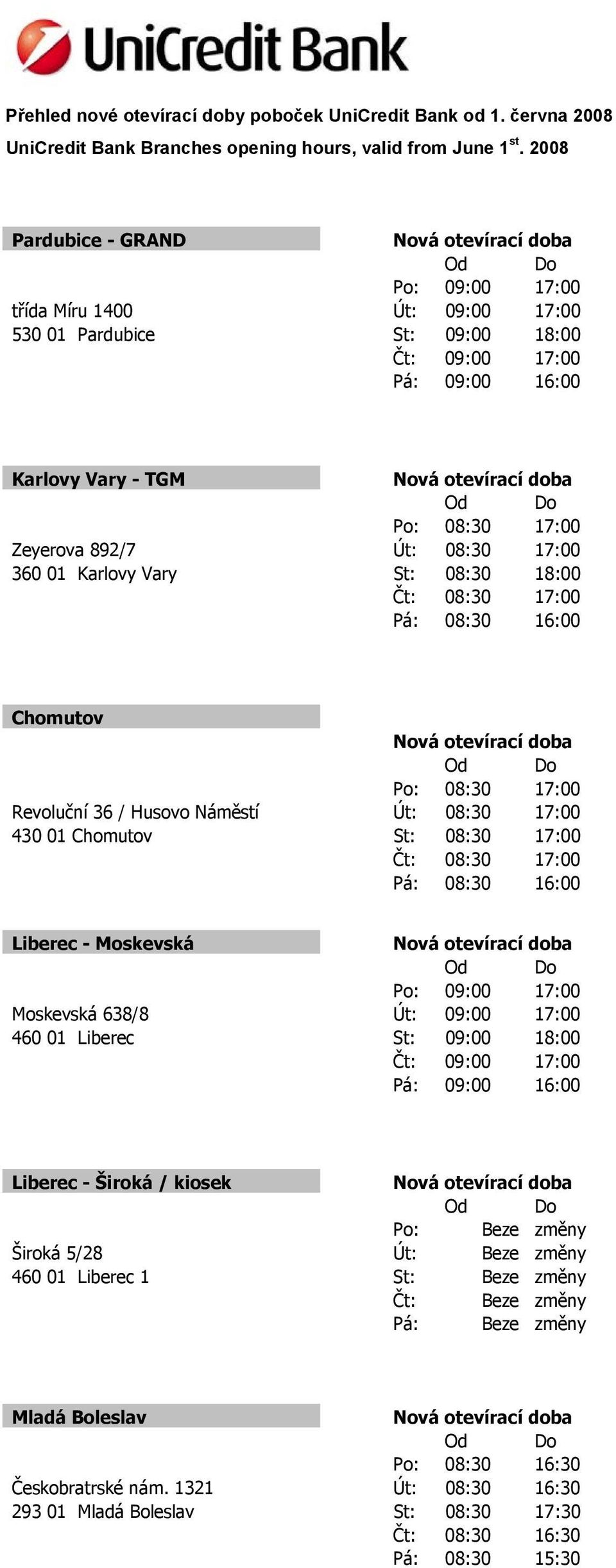 Moskevská 638/8 Út: 09:00 17:00 460 01 Liberec St: 09:00 18:00 Liberec - Široká / kiosek Po: Beze změny Široká 5/28 Út: Beze změny 460 01