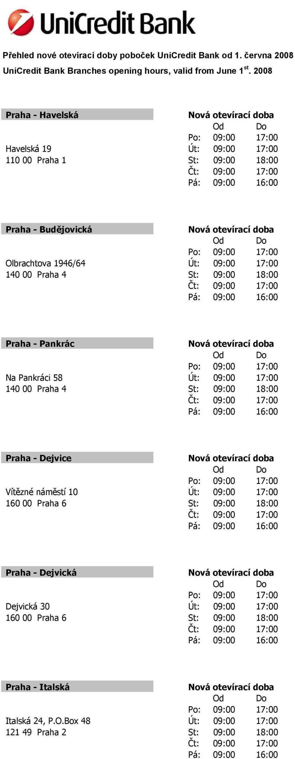 Vítězné náměstí 10 Út: 09:00 17:00 160 00 Praha 6 St: 09:00 18:00 Praha - Dejvická Dejvická 30 Út: 09:00 17:00