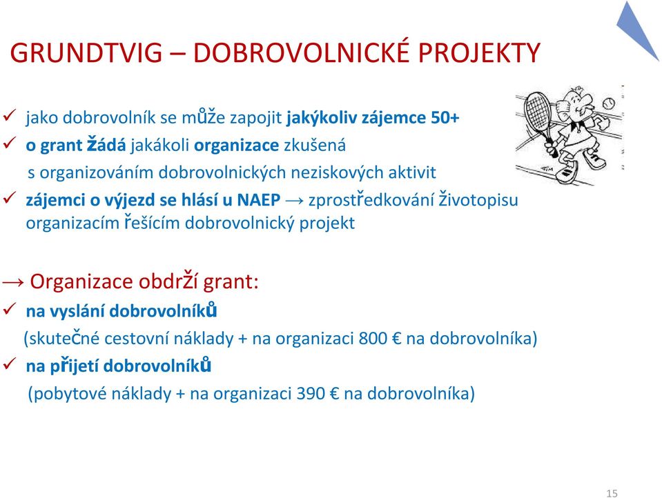 zprostředkováníživotopisu organizacím řešícím dobrovolnický projekt Organizace obdrží grant: na vyslání dobrovolníků