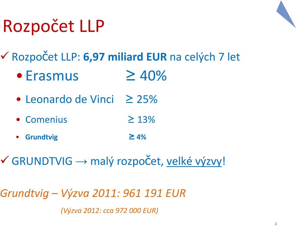 Grundtvig 4% GRUNDTVIG malý rozpočet, velké výzvy!