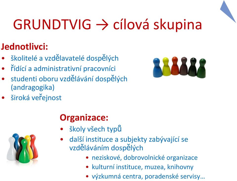 Organizace: školy všech typů další instituce a subjekty zabývající se vzděláváním dospělých