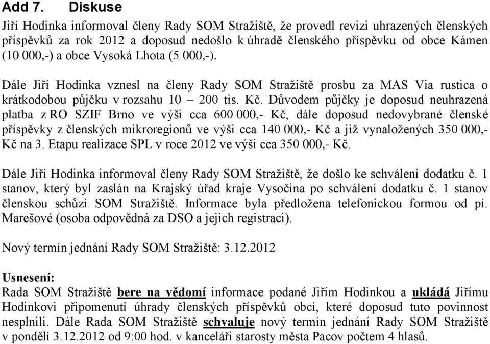 Vysoká Lhota (5 000,-). Dále Jiří Hodinka vznesl na členy Rady SOM Stražiště prosbu za MAS Via rustica o krátkodobou půjčku v rozsahu 10 200 tis. Kč.