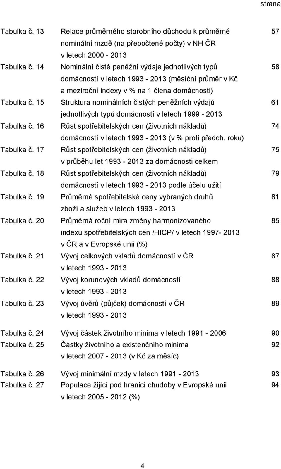 15 Struktura nominálních čistých peněžních výdajů 61 jednotlivých typů domácností v letech 1999-2013 Tabulka č.