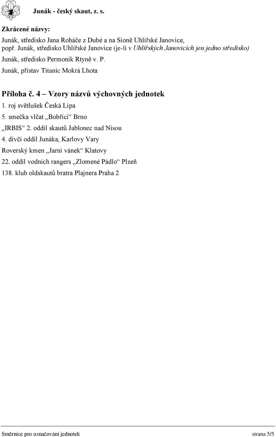 4 Vzory názvů výchovných jednotek 1. roj světlušek Česká Lípa 5. smečka vlčat Bobříci Brno IRBIS 2. oddíl skautů Jablonec nad Nisou 4.