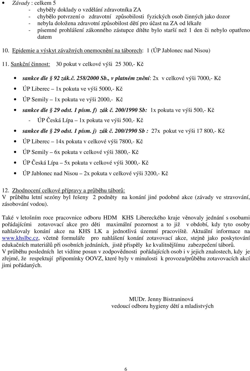 Sankční činnost: 30 pokut v celkové výši 25 300,- Kč sankce dle 92 zák.č. 258/2000 Sb.