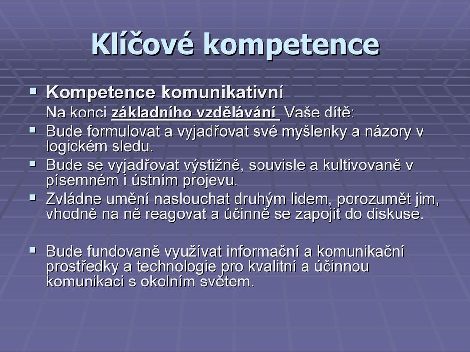 Zvládne umění naslouchat druhým lidem, porozumět jim, vhodně na ně reagovat a účinně se zapojit do diskuse.