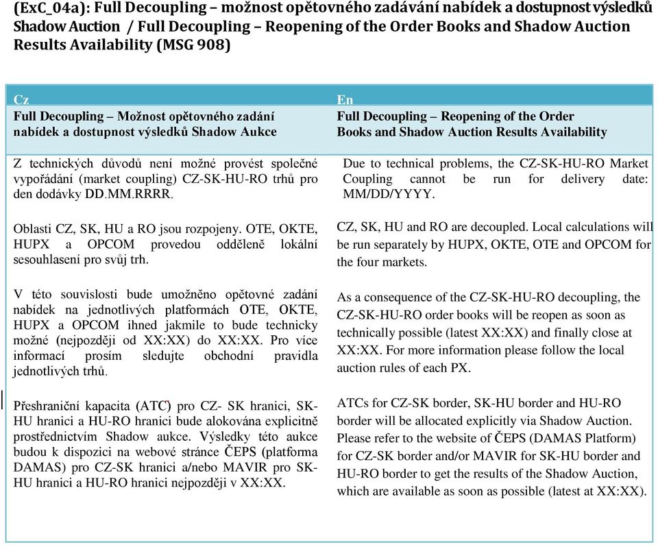 MM.RRRR. Oblasti CZ, SK, HU a RO jsou rozpojeny. OTE, OKTE, HUPX a OPCOM provedou odděleně lokální sesouhlasení pro svůj trh.
