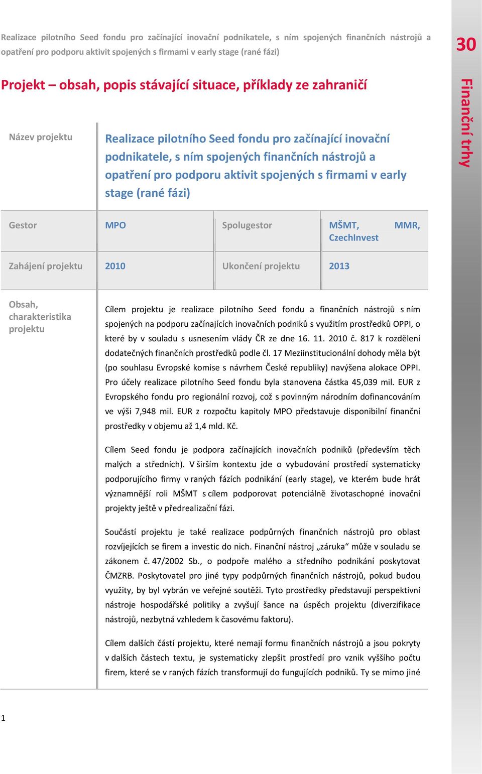 spojených s firmami v early stage (rané fázi) Gestor MPO Spolugestor MŠMT, MMR, CzechInvest Zahájení projektu 2010 Ukončení projektu 2013 Obsah, charakteristika projektu Cílem projektu je realizace