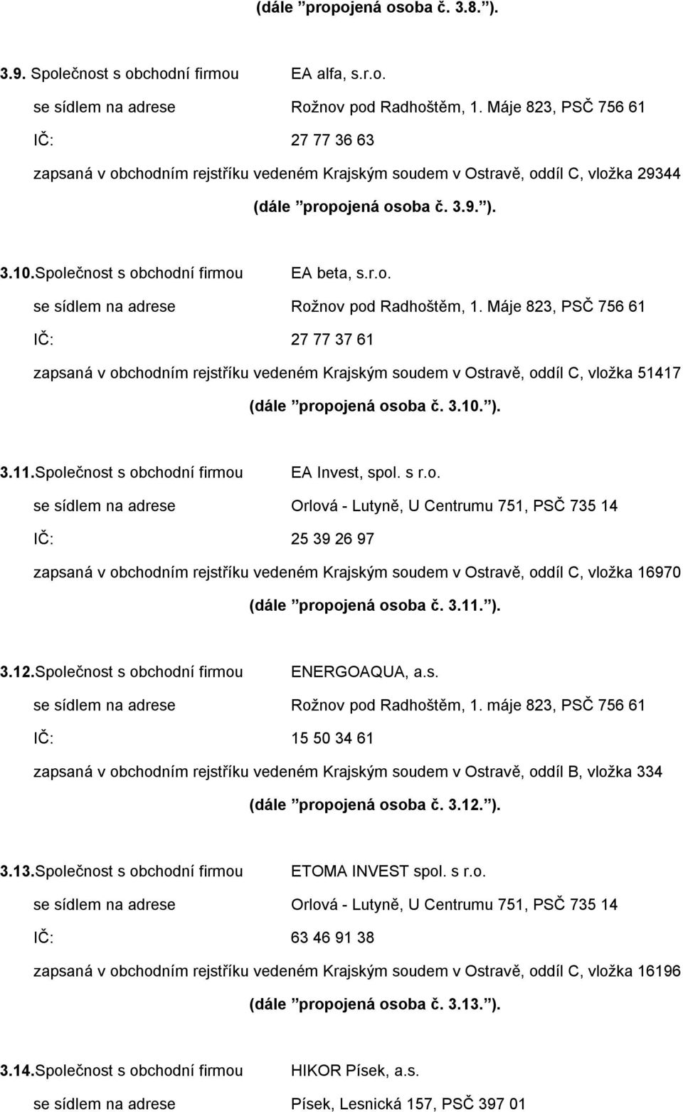 Společnost s obchodní firmou EA beta, s.r.o. se sídlem na adrese Rožnov pod Radhoštěm, 1.