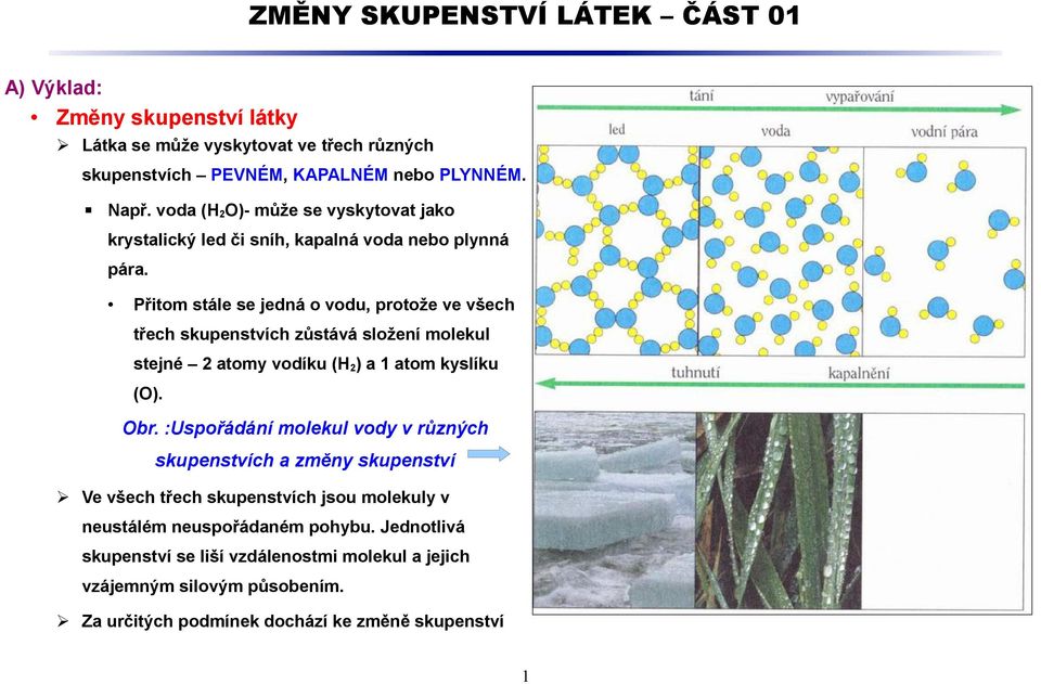 Přitom stále se jedná o vodu, protože ve všech třech skupenstvích zůstává složení molekul stejné 2 atomy vodíku (H 2 ) a 1 atom kyslíku (O). Obr.