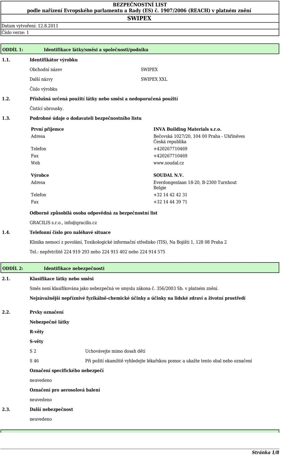 Podrobné údaje o dodavateli bezpečnostního listu První příjemce Adresa Telefon +420267710469 Fax +420267710469 Web Výrobce Adresa INVA Building Materials s.r.o. Bečovská 1027/20, 104 00 Praha - Uhříněves Česká republika www.