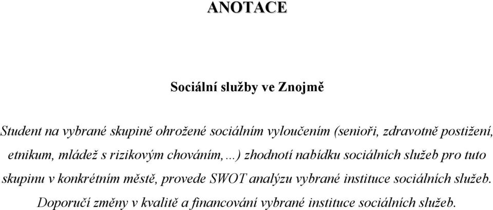 sociálních služeb pro tuto skupinu v konkrétním městě, provede SWOT analýzu vybrané