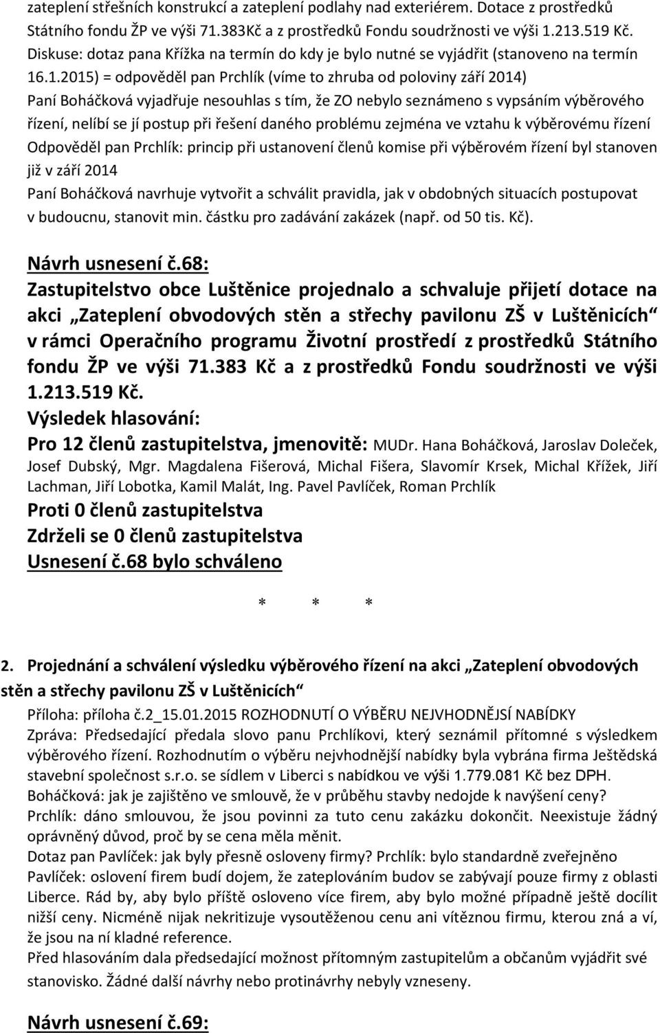 .1.2015) = odpověděl pan Prchlík (víme to zhruba od poloviny září 2014) Paní Boháčková vyjadřuje nesouhlas s tím, že ZO nebylo seznámeno s vypsáním výběrového řízení, nelíbí se jí postup při řešení