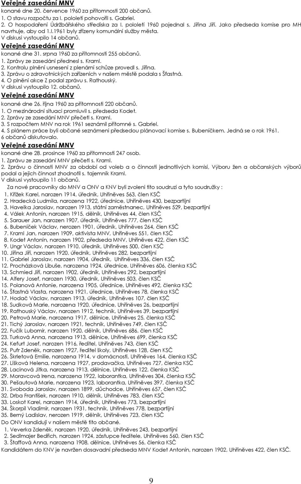 srpna 1960 za přítomnosti 255 občanů. 1. Zprávy ze zasedání přednesl s. Kraml. 2. Kontrolu plnění usnesení z plenární schůze provedl s. Jiřina. 3.