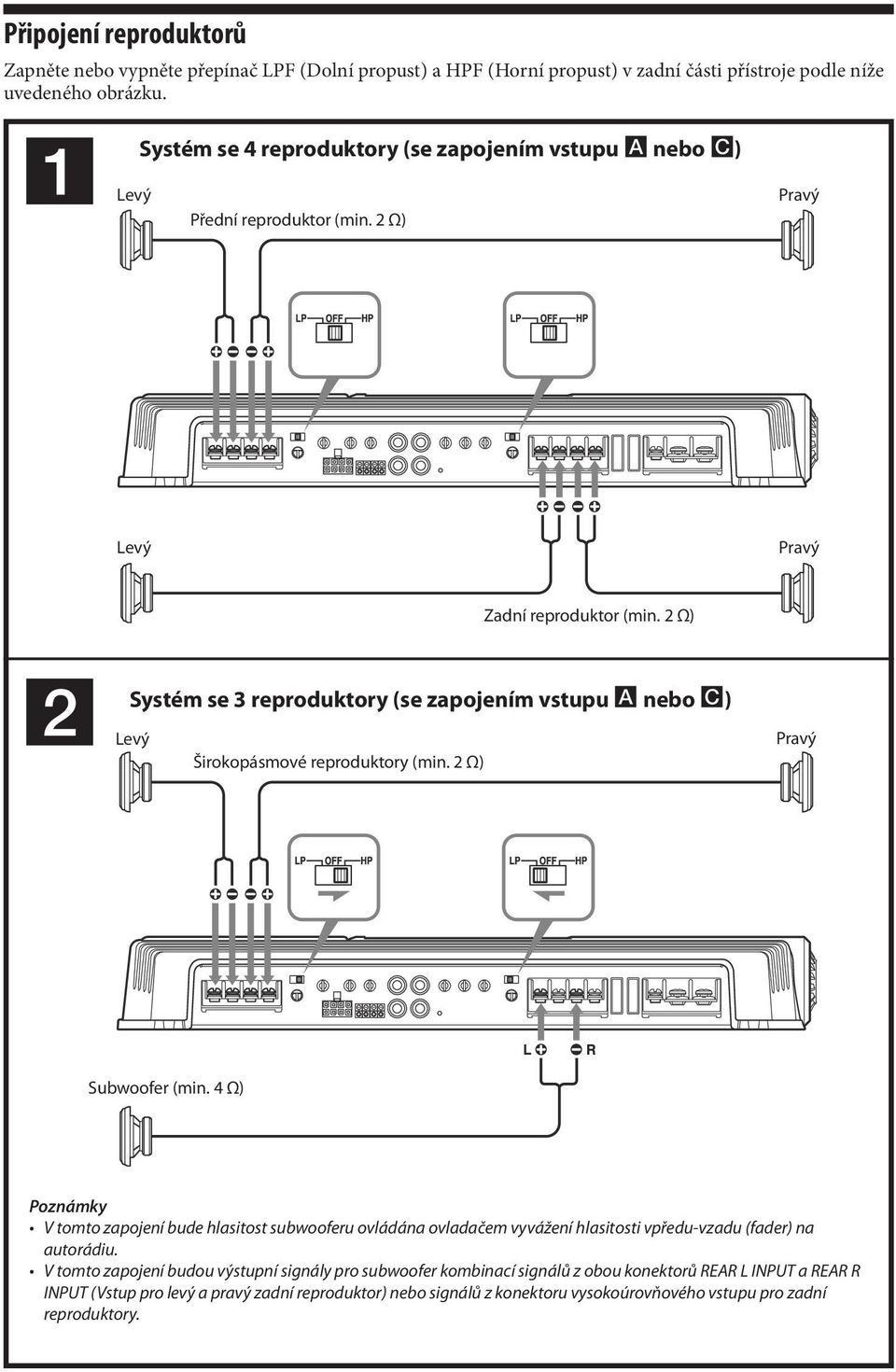 2 Ω) 2 Systém se 3 reproduktory (se zapojením vstupu A nebo C) Širokopásmové reproduktory (min. 2 Ω) Subwoofer (min.
