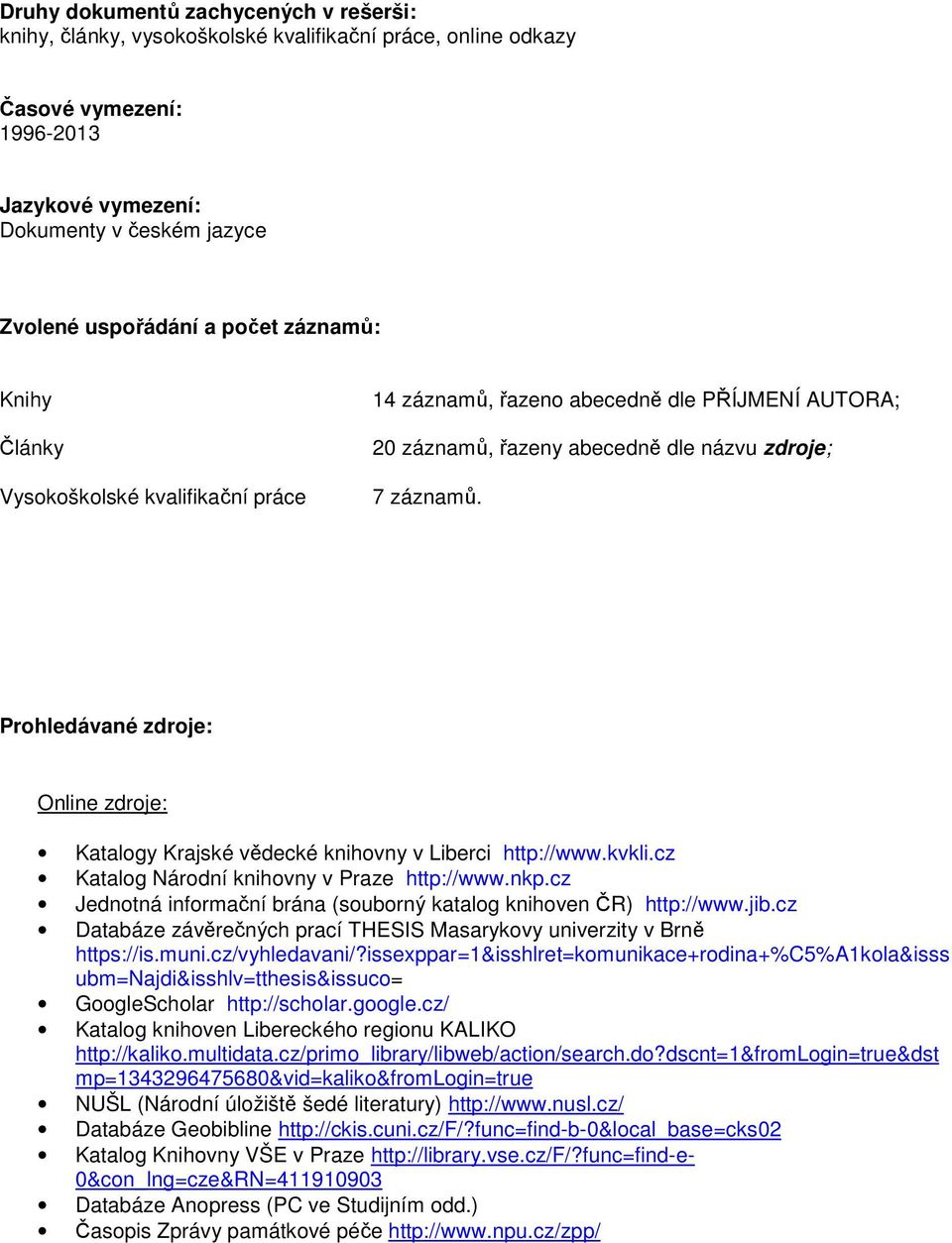 Prohledávané zdroje: Online zdroje: Katalogy Krajské vědecké knihovny v Liberci http://www.kvkli.cz Katalog Národní knihovny v Praze http://www.nkp.