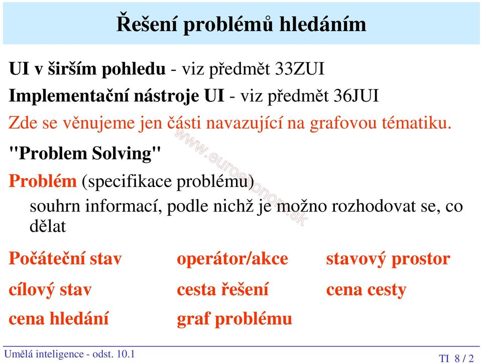 "Problem Solving" Problém (specifikace problému) souhrn informací, podle nichž je možno rozhodovat se, co