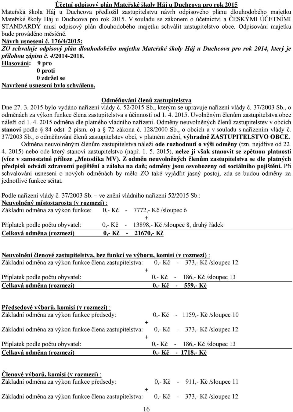 Návrh usnesení č. 176/4/2015: ZO schvaluje odpisový plán dlouhodobého majetku Mateřské školy Háj u Duchcova pro rok 2014, který je přílohou zápisu č. 4/2014-2018.