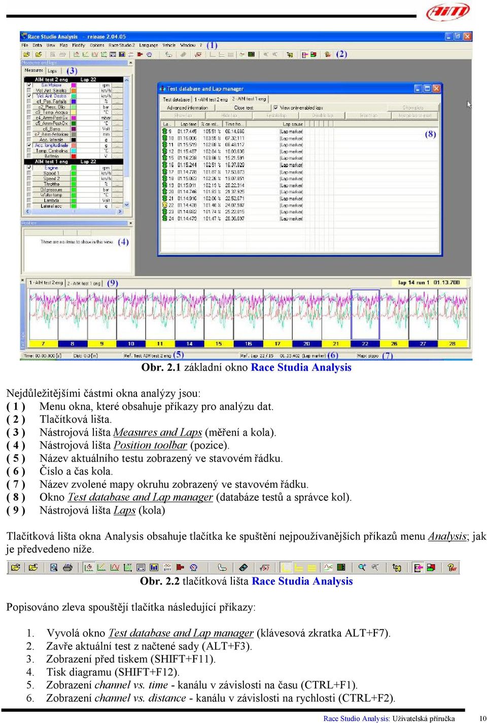 ( 7 ) Název zvolené mapy okruhu zobrazený ve stavovém řádku. ( 8 ) Okno Test database and Lap manager (databáze testů a správce kol).