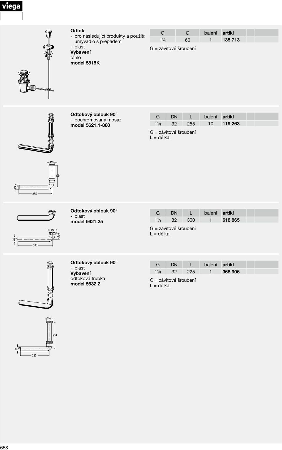 1 880 G DN L balení artikl 1¼ 32 255 10 119 263 Odtokový oblouk 90 model 5621.
