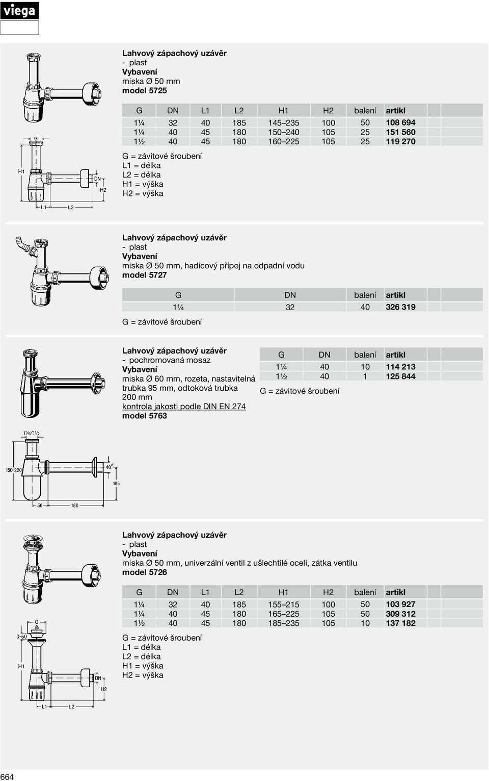 rozeta, nastavitelná 1½ 40 1 125 844 trubka 95 mm, odtoková trubka 200 mm model 5763 miska Ø 50 mm, univerzální ventil z ušlechtilé oceli, zátka ventilu model 5726 G DN