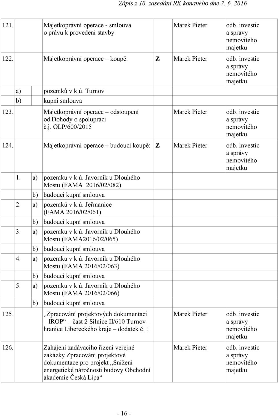 investic a správy nemovitého majetku 124. Majetkoprávní operace budoucí koupě: Z Marek Pieter odb. investic a správy nemovitého majetku 1. a) pozemku v k.ú.