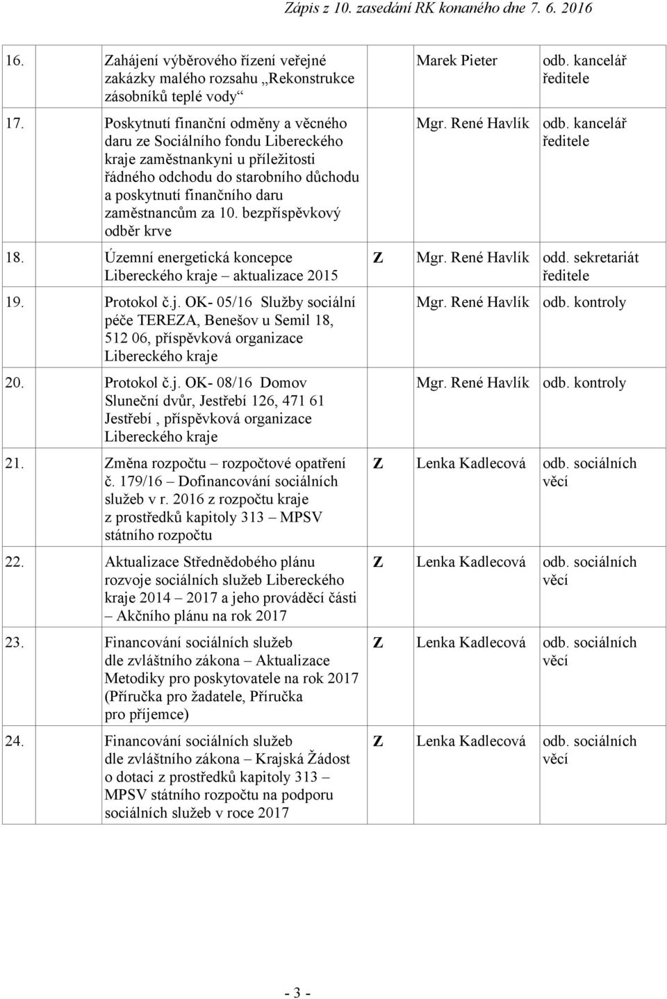 bezpříspěvkový odběr krve 18. Územní energetická koncepce Libereckého kraje aktualizace 2015 19. Protokol č.j. OK- 05/16 Služby sociální péče TEREZA, Benešov u Semil 18, 512 06, příspěvková organizace Libereckého kraje 20.