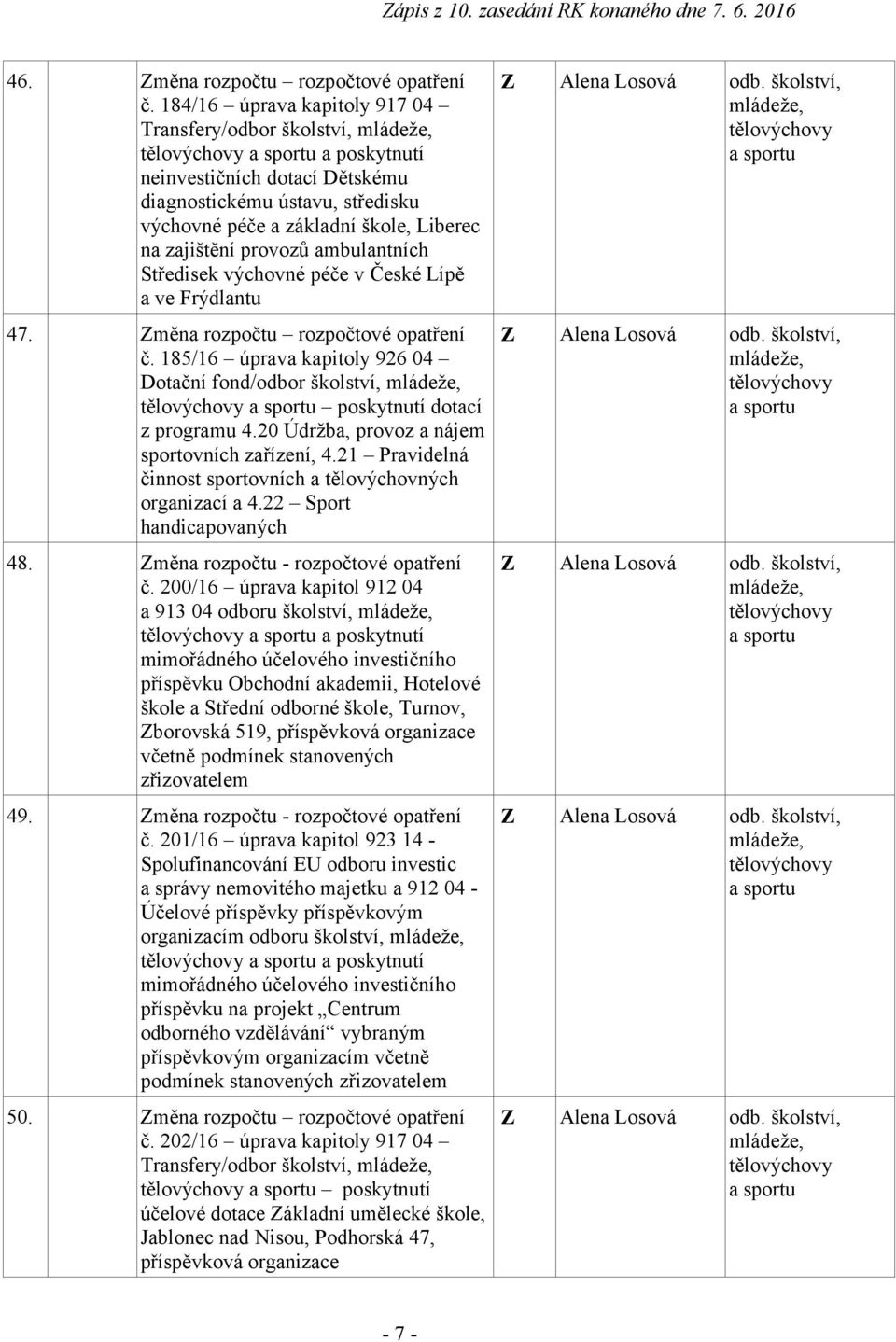 Liberec na zajištění provozů ambulantních Středisek výchovné péče v České Lípě a ve Frýdlantu 47. Změna rozpočtu rozpočtové opatření č.