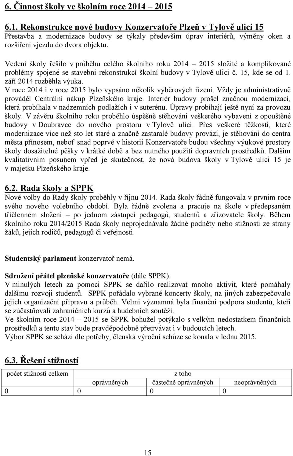 Vedení školy řešilo v průběhu celého školního roku 2014 2015 složité a komplikované problémy spojené se stavební rekonstrukcí školní budovy v Tylově ulici č. 15, kde se od 1. září 2014 rozběhla výuka.