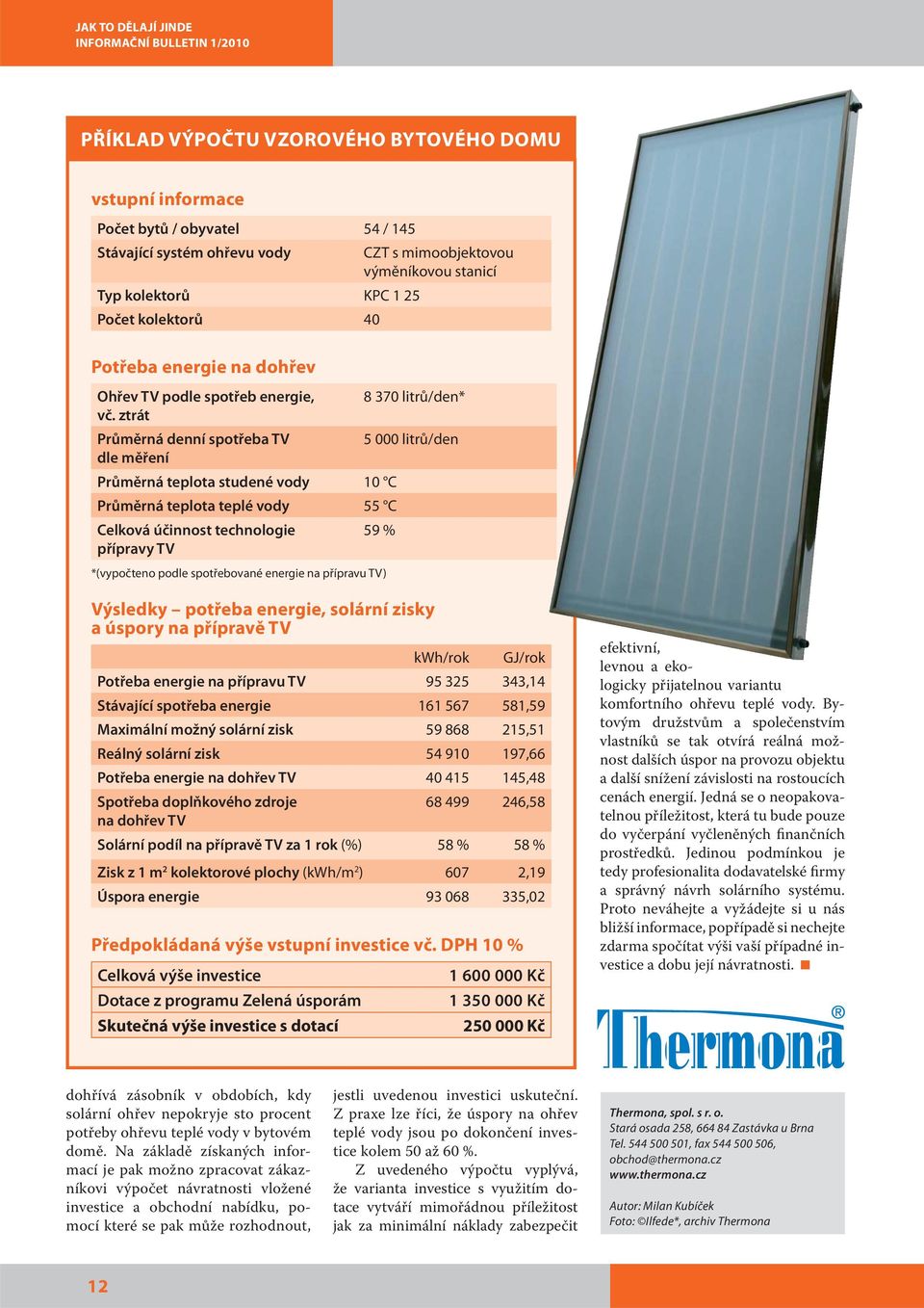 ztrát Průměrná denní spotřeba TV 5 000 litrů/den dle měření Průměrná teplota studené vody 10 C Průměrná teplota teplé vody 55 C Celková účinnost technologie 59 % přípravy TV *(vypočteno podle