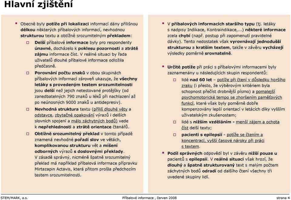 Porovnání počtu znaků v obou skupinách příbalových informací zároveň ukazuje, že všechny letáky s provedeným testem srozumitelnosti jsou delší než jejich netestované protějšky (od zanedbatelných 790