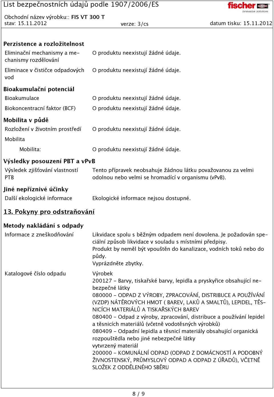 hromadící v organismu (vpvb). Jiné nepříznivé účinky Další ekologické informace Ekologické informace nejsou dostupné. 13.