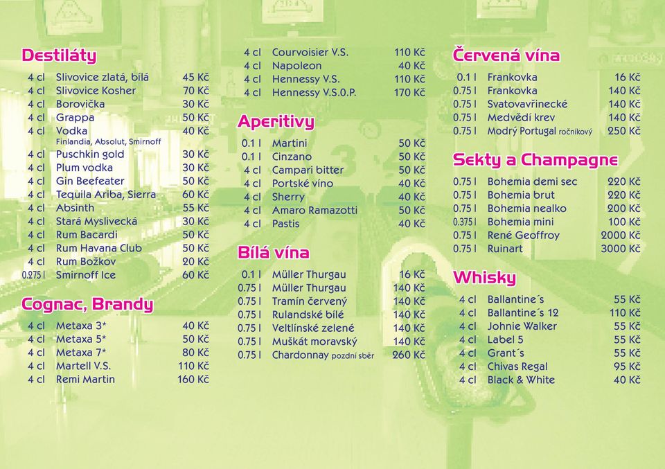 275 l Smirnoff Ice 60 Kč Cognac, Brandy 4 cl Metaxa 3* 40 Kč 4 cl Metaxa 5* 50 Kč 4 cl Metaxa 7* 80 Kč 4 cl Martell V.S. 110 Kč 4 cl Remi Martin 160 Kč 4 cl Courvoisier V.S. 110 Kč 4 cl Napoleon 40 Kč 4 cl Hennessy V.