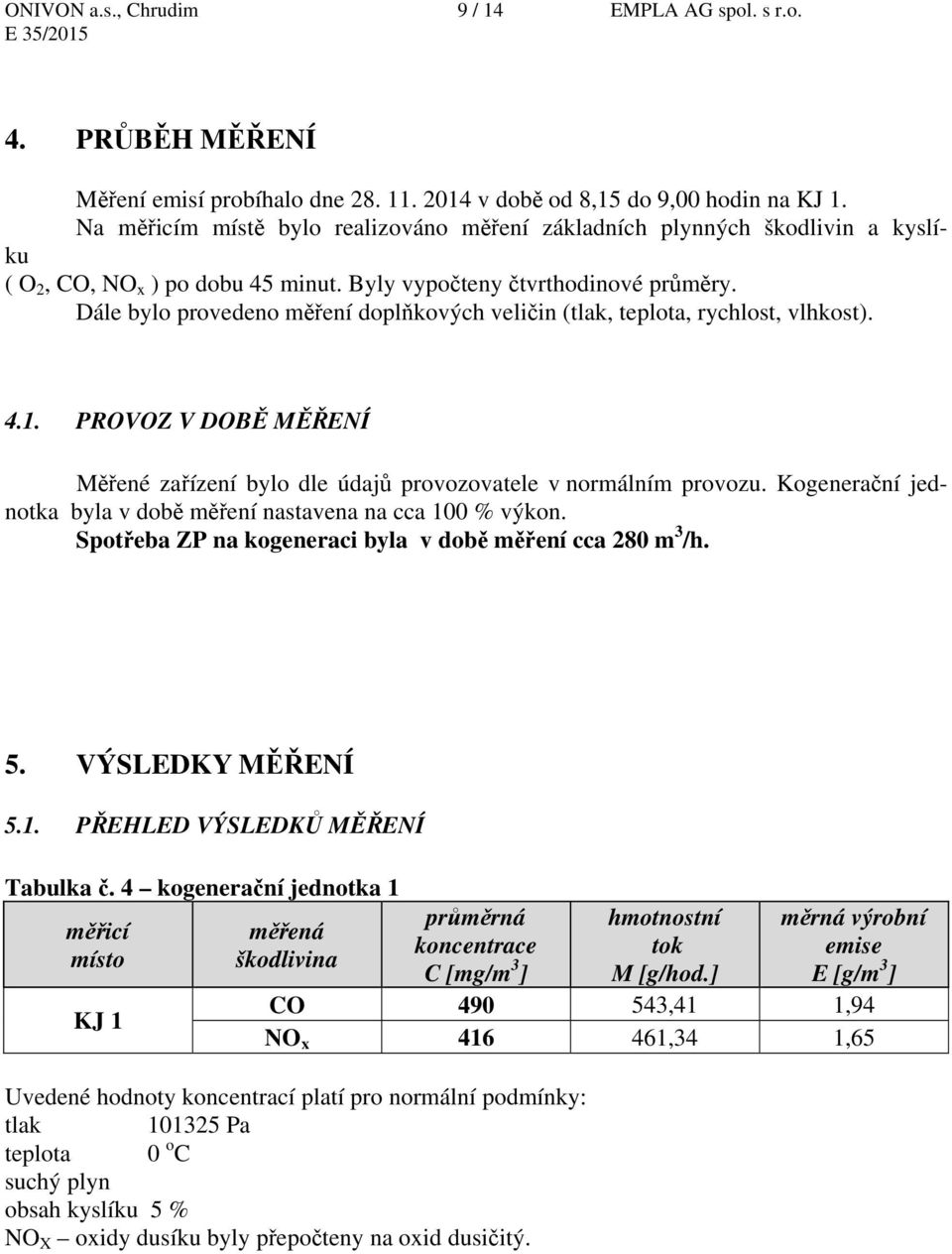 Dále bylo provedeno měření doplňkových veličin (tlak, teplota, rychlost, vlhkost). 4.1. PROVOZ V DOBĚ MĚŘENÍ Měřené zařízení bylo dle údajů provozovatele v normálním provozu.