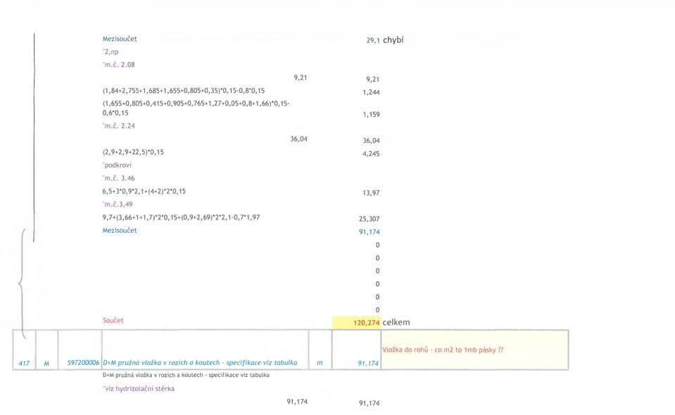 9,21 1,244 1 '159 36,04 4,245 13,97 25,307 Mezisučet 91,174 I I Sučet I 120,2741 celkem Vlžka d rhů - c m2 t 1mb pásky?