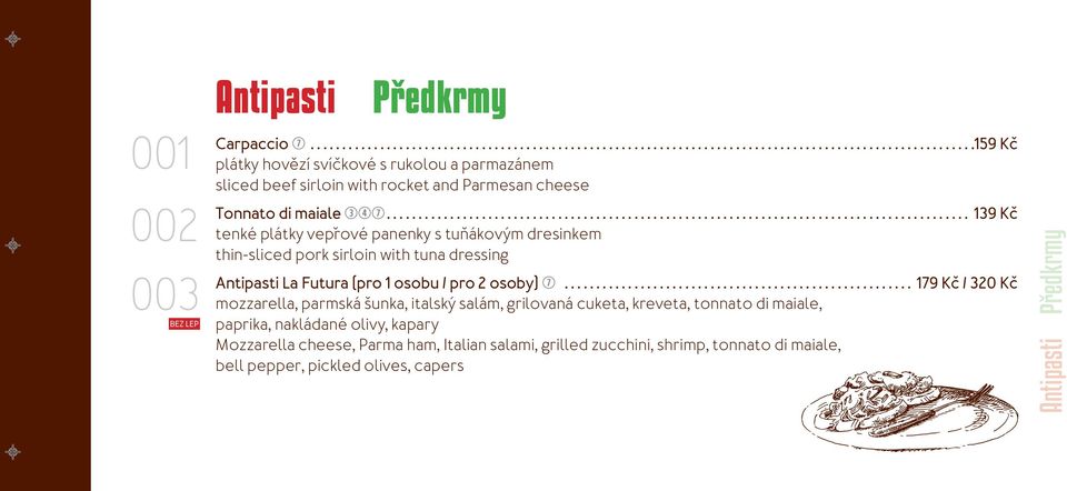 .. 139 Kč tenké plátky vepřové panenky s tuňákovým dresinkem thin-sliced pork sirloin with tuna dressing Antipasti La Futura (pro 1 osobu / pro 2 osoby) u.