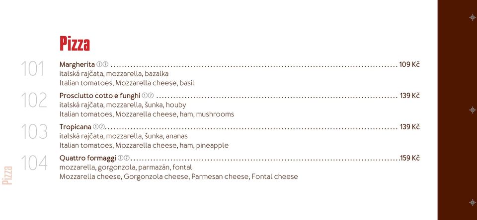 .. 139 Kč italská rajčata, mozzarella, šunka, houby Italian tomatoes, Mozzarella cheese, ham, mushrooms Tropicana qu.