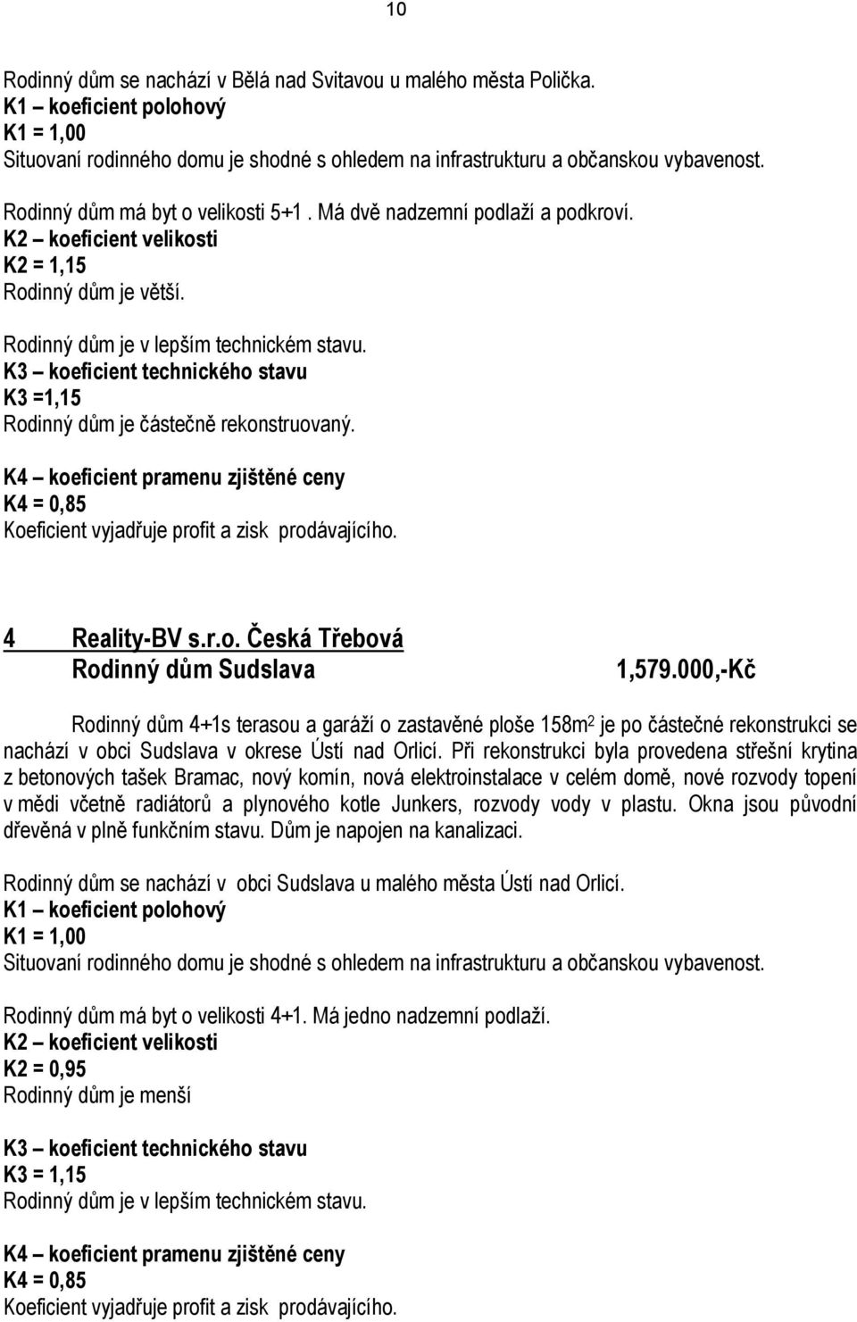 K3 koeficient technického stavu K3 =1,15 Rodinný dům je částečně rekonstruovaný. K4 koeficient pramenu zjištěné ceny K4 = 0,85 Koeficient vyjadřuje profit a zisk prodávajícího. 4 Reality-BV s.r.o. Česká Třebová Rodinný dům Sudslava 1,579.