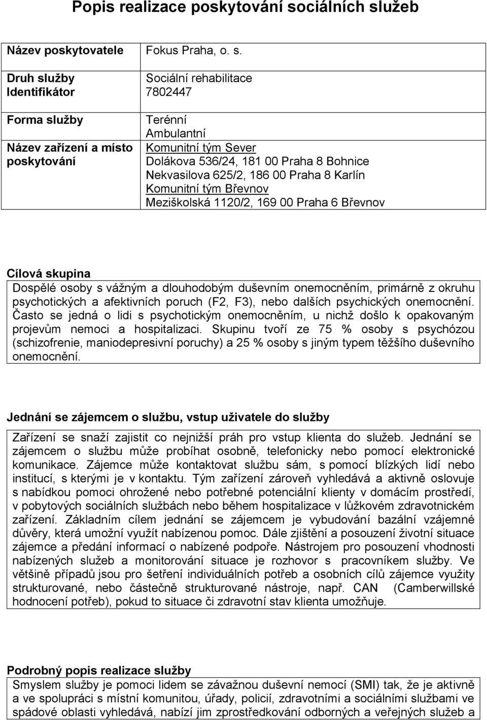 užeb Název poskytovatele Fokus Praha, o. s.