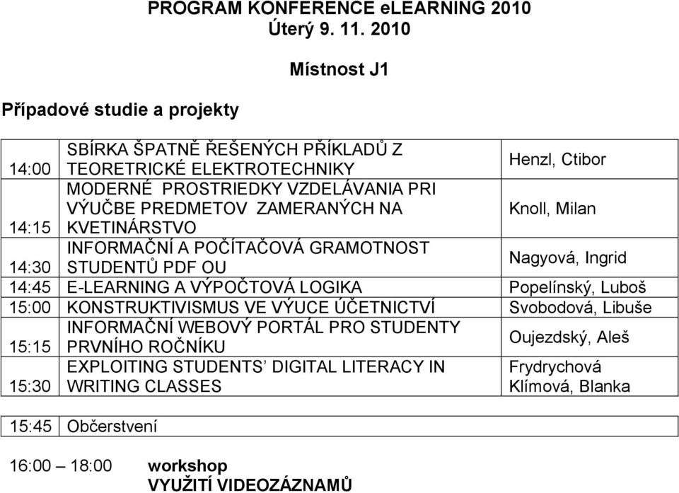 14:15 KVETINÁRSTVO INFORMAČNÍ A POČÍTAČOVÁ GRAMOTNOST 14:30 STUDENTŮ PDF OU Nagyová, Ingrid 14:45 E-LEARNING A VÝPOČTOVÁ LOGIKA Popelínský, Luboš 15:00 KONSTRUKTIVISMUS